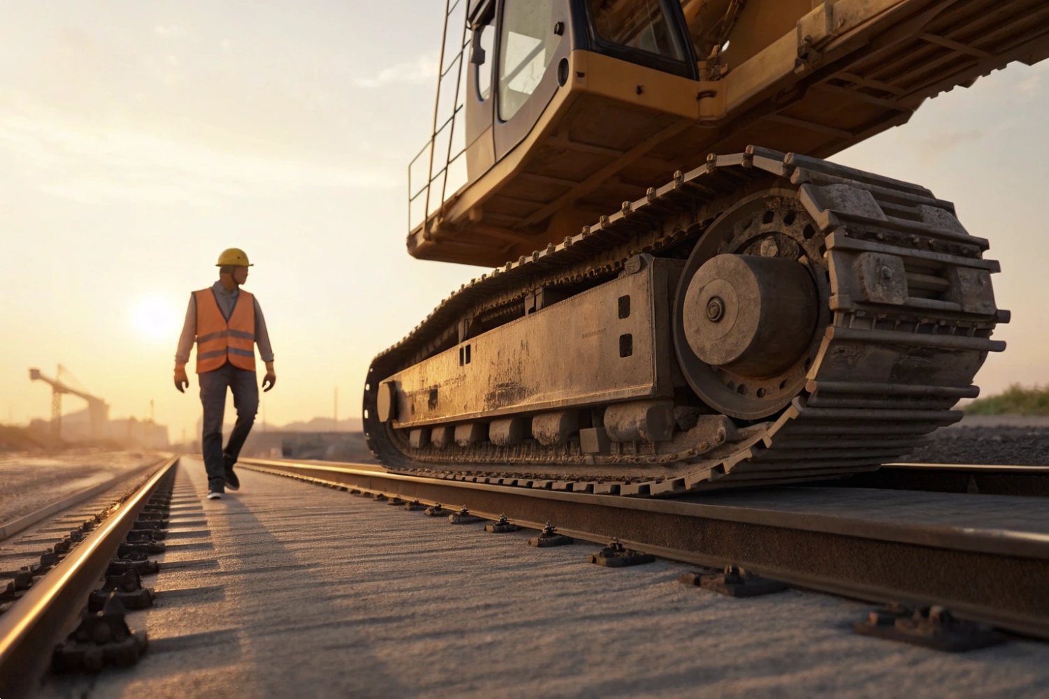Construction worker in safety gear walking past heavy excavator tracks on railway at sunset
