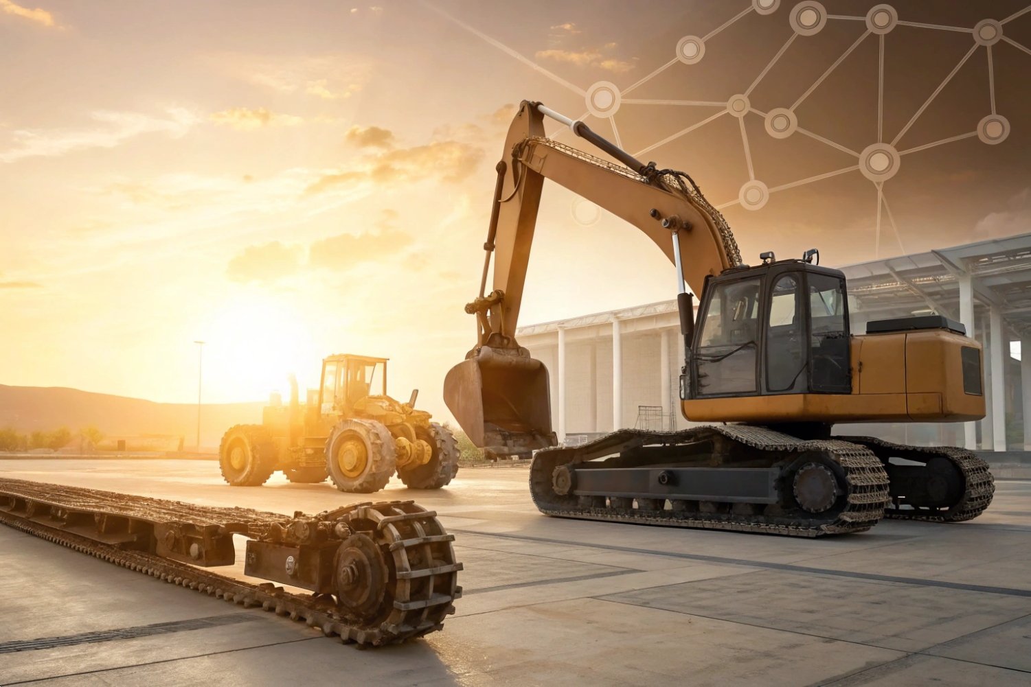 Heavy excavator and loader on a sunset construction site with digital network overlay icons