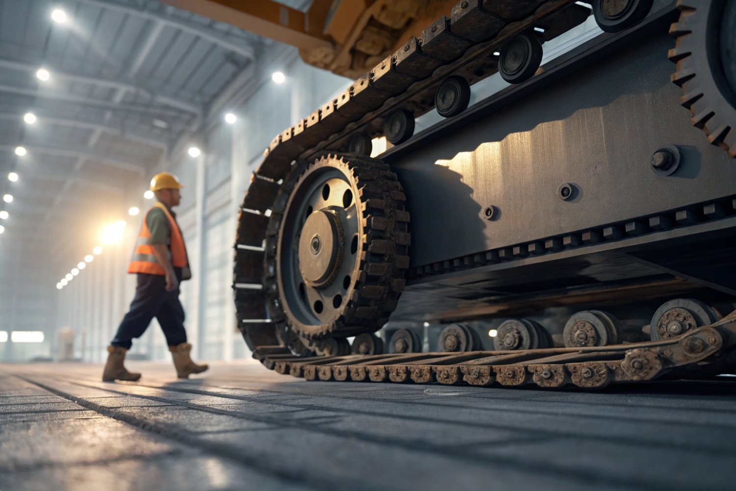 Low-angle view of technician walking past massive crawler tracks in industrial factory setting