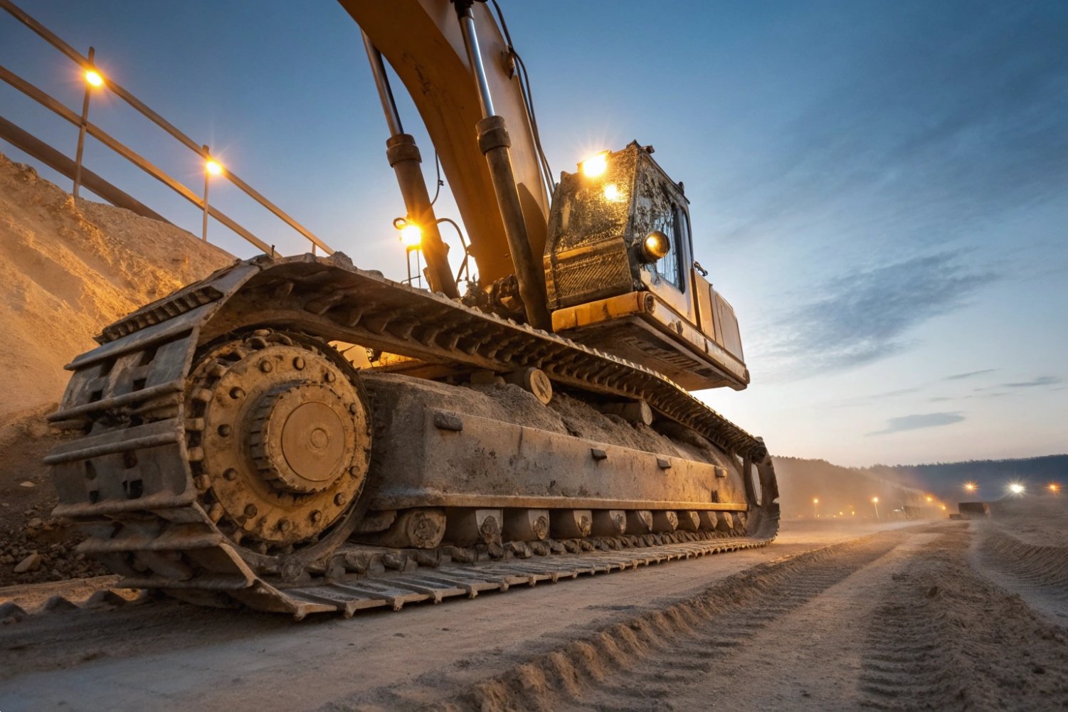 Excavator track system on a construction site during sunset with industrial lighting.
