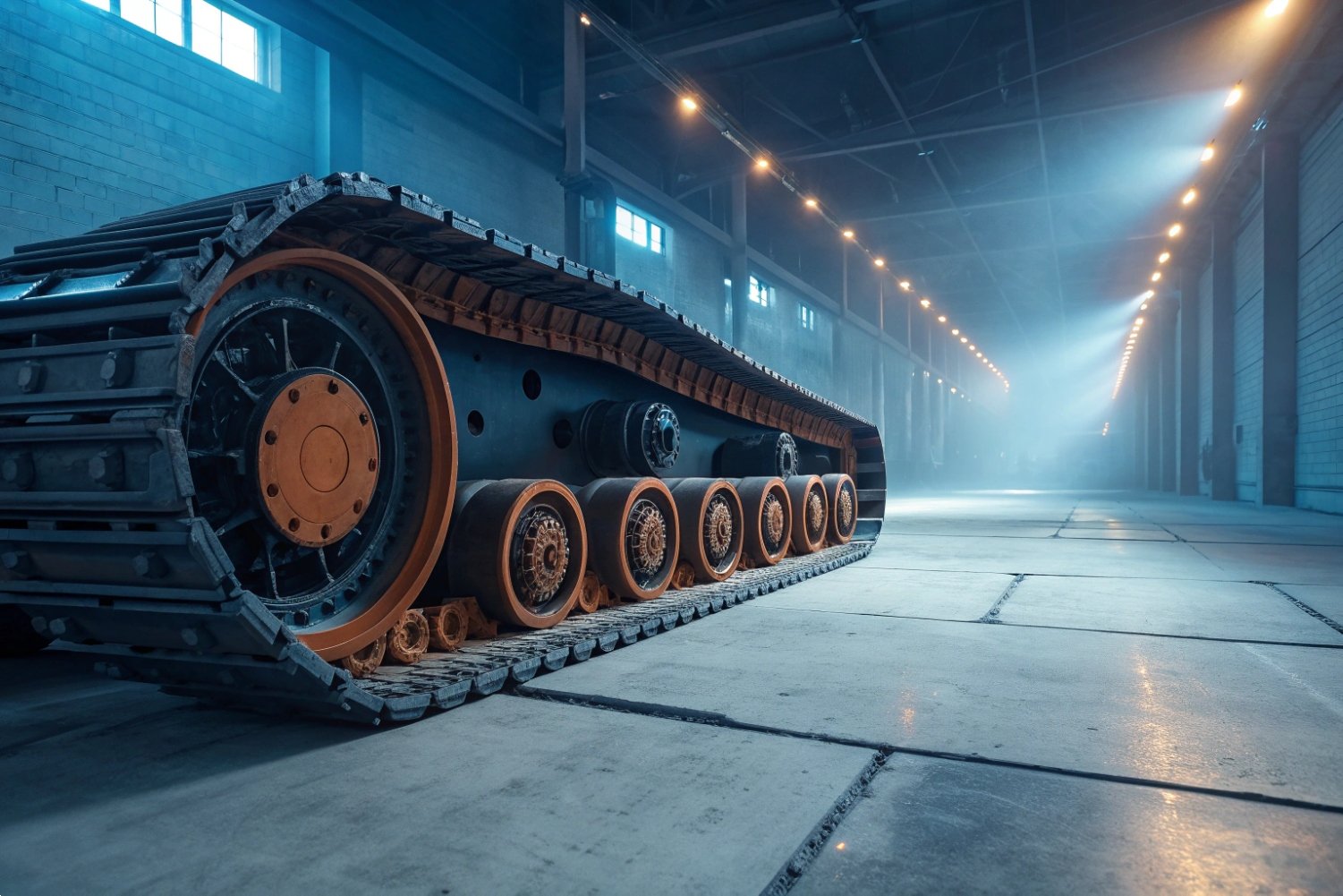 Heavy-duty excavator crawler track system inside a modern industrial warehouse facility.