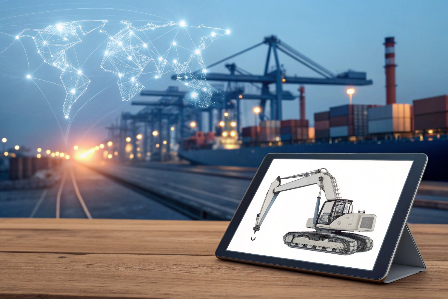 Digital tablet showing excavator blueprint against a global logistics port background.