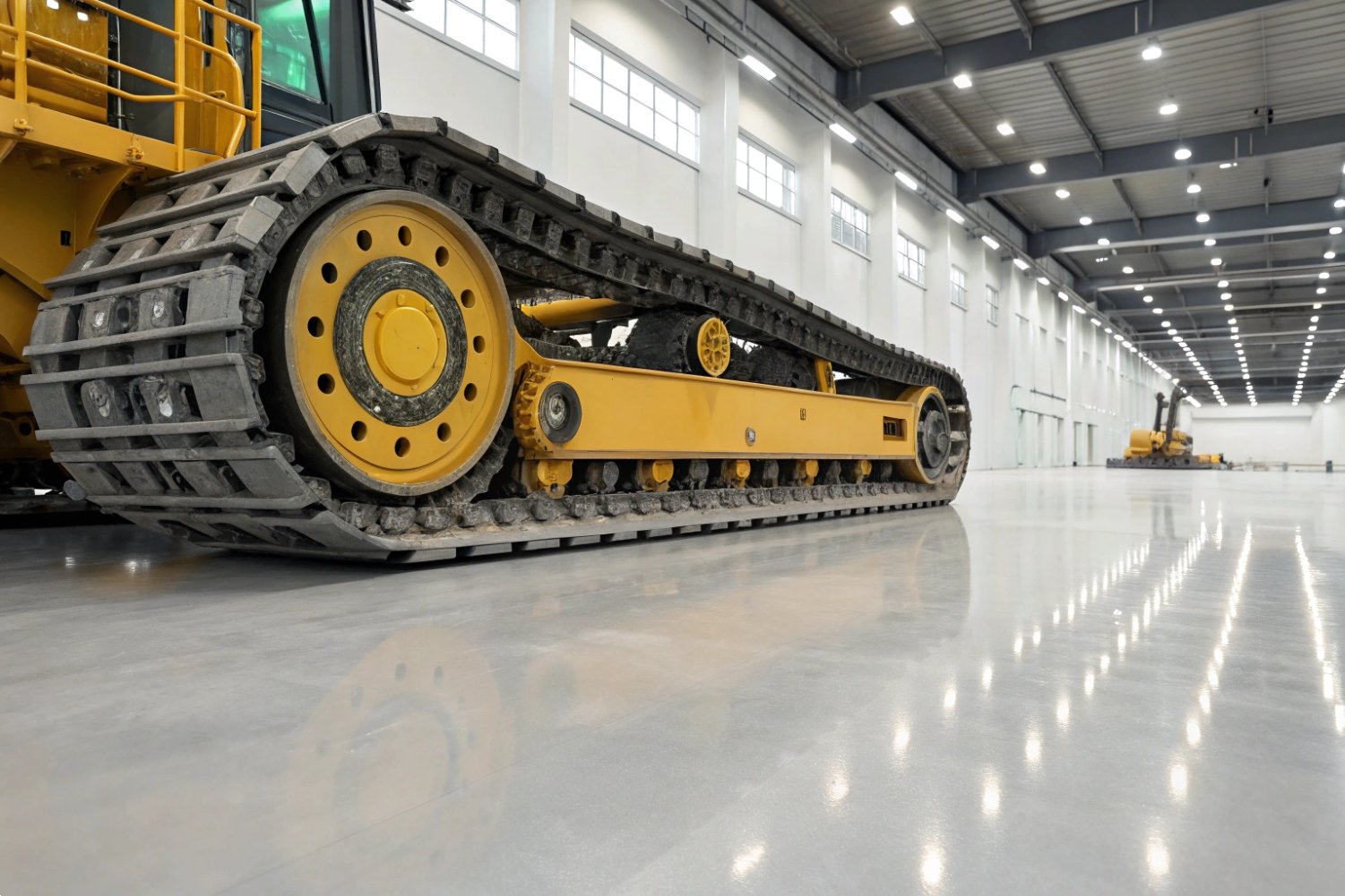 Yellow excavator tracks on a polished concrete floor in a modern industrial warehouse facility.