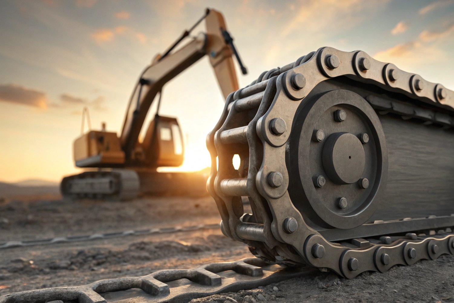 Heavy excavator metal track close-up with construction machinery at sunset on a job site.