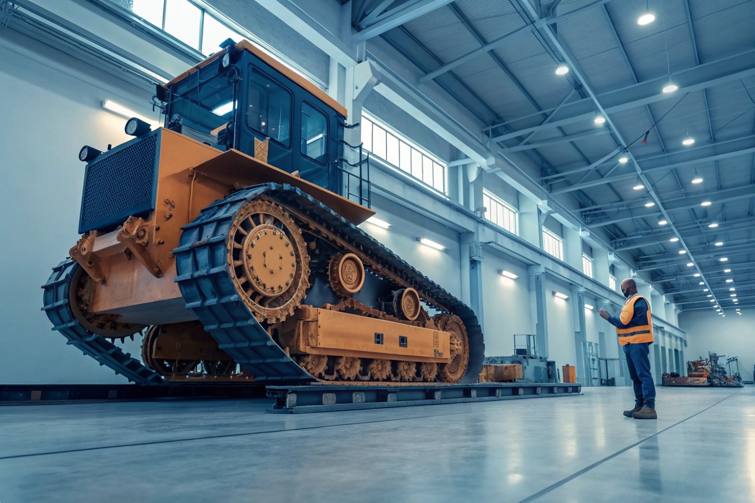 Heavy duty yellow bulldozer chassis on assembly line in a large industrial manufacturing facility.