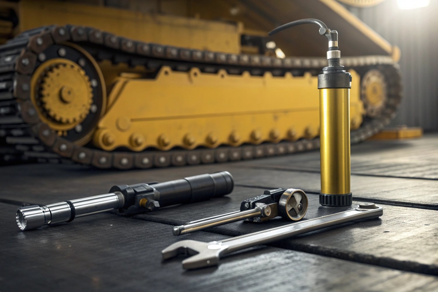 Industrial grease pump and maintenance tools on a workshop floor with heavy machinery background.