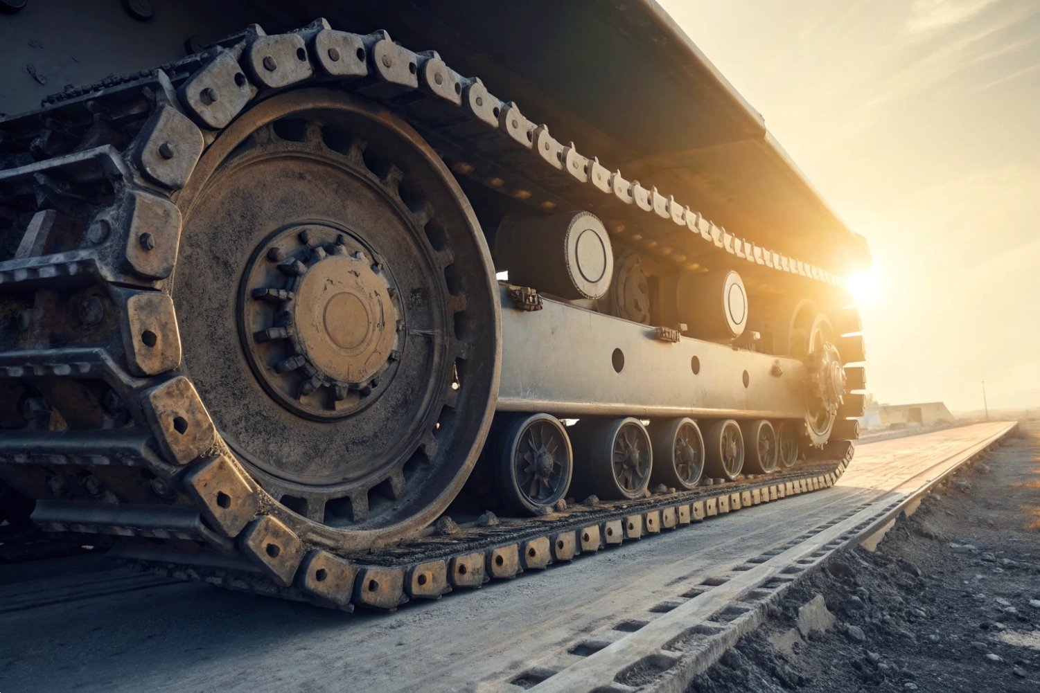 Close-up of heavy duty excavator steel tracks on a construction site at golden hour.