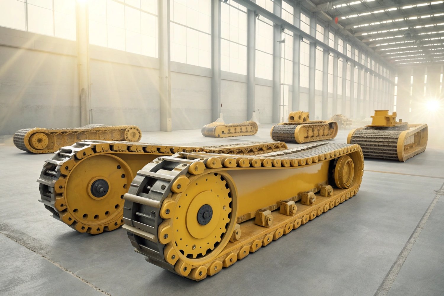 Yellow industrial excavator crawler tracks staged on a bright factory floor for final inspection.