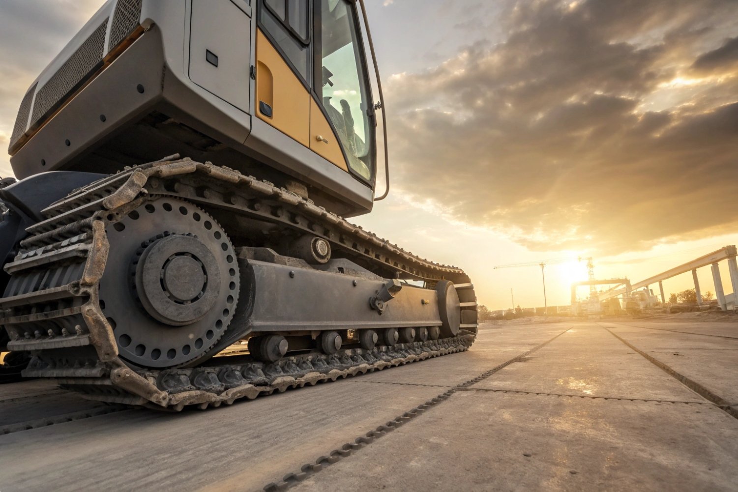 Heavy duty excavator crawler tracks on a construction site during a golden sunset.
