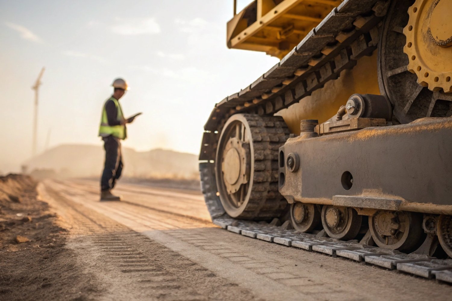 Heavy excavator tracks on a construction site at sunset with engineer in background