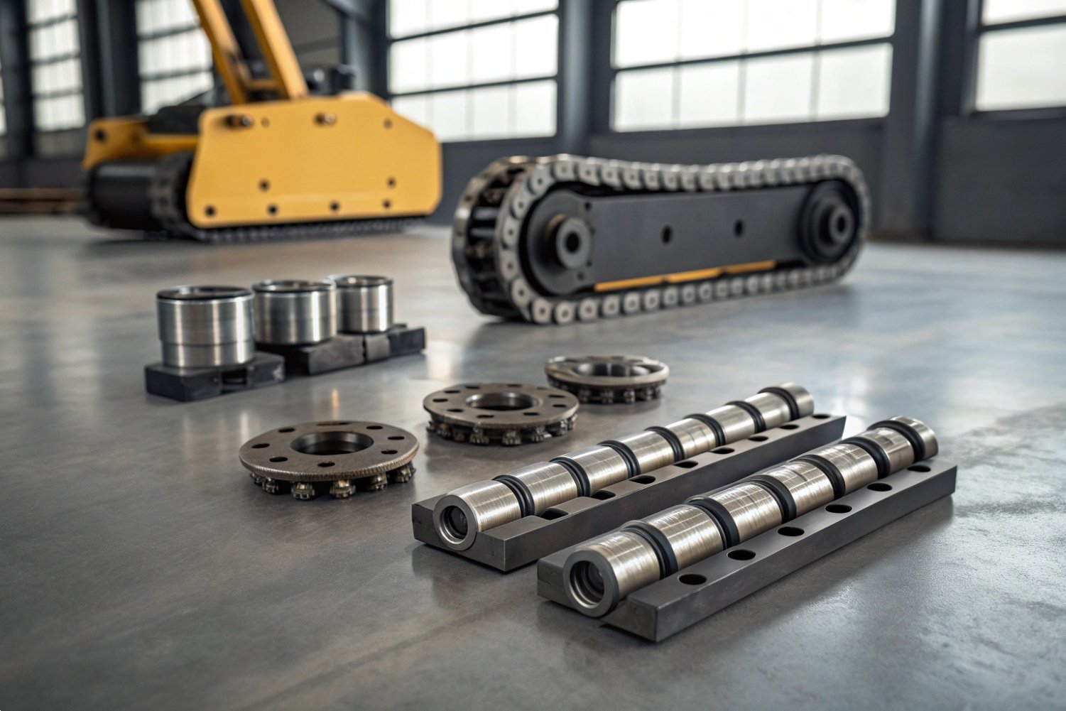 Industrial spare parts display featuring crawler tracks, steel rollers, and mounting flanges in factory