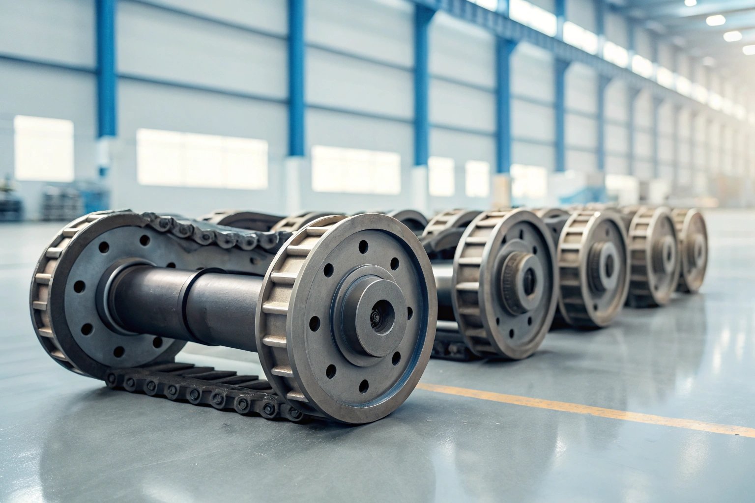 Industrial heavy-duty undercarriage rollers and track chains in a factory warehouse facility.