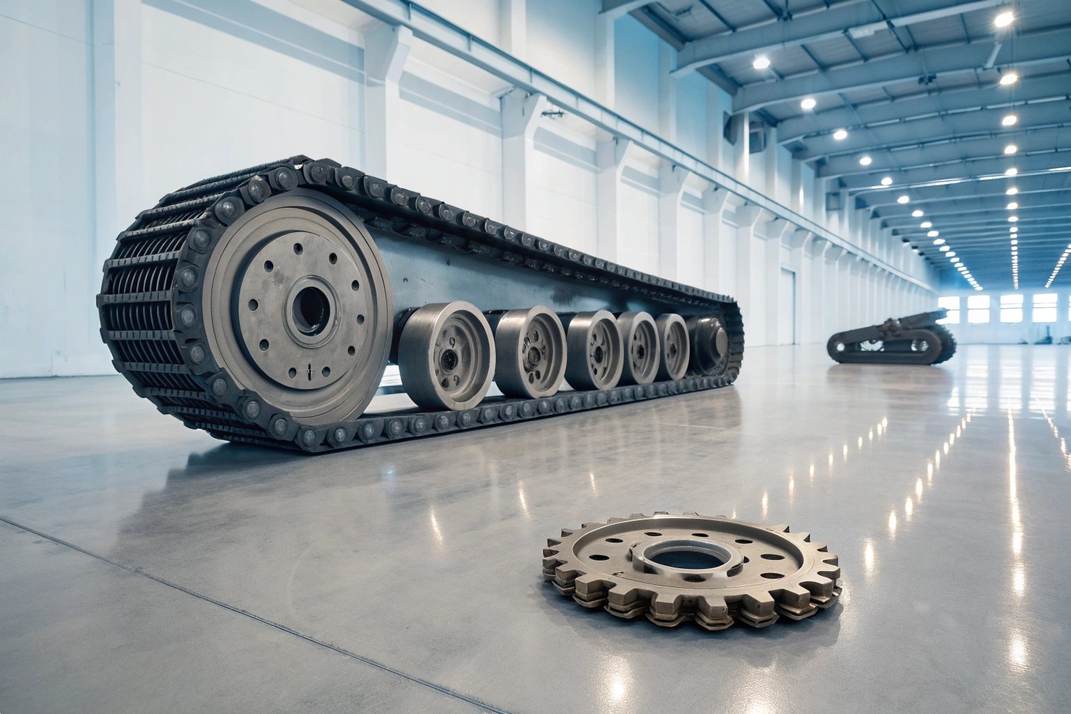 Heavy machinery excavator track assembly with sprocket and rollers in a modern factory facility.