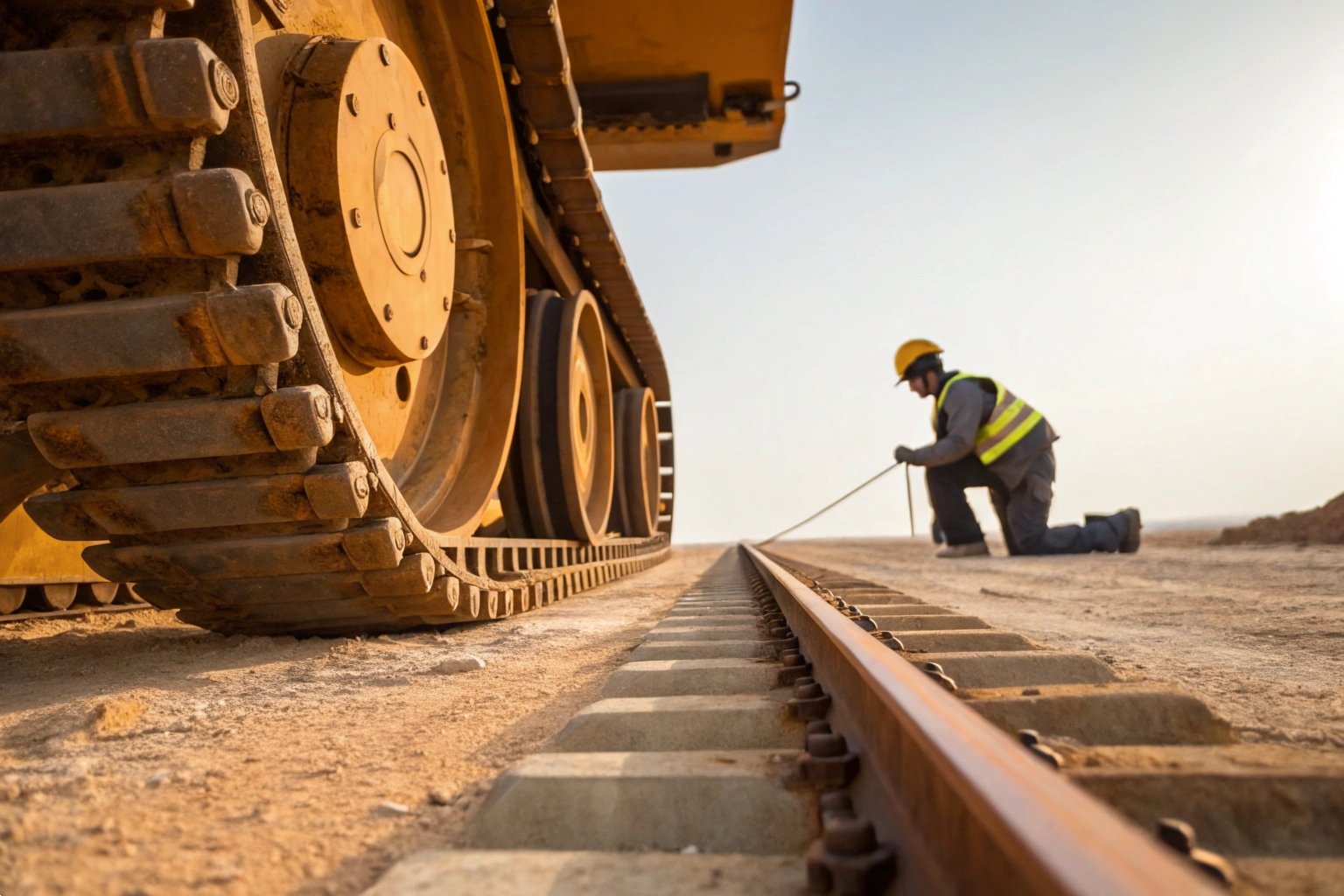 Bulldozer tracks on construction site with worker performing railway alignment inspection.