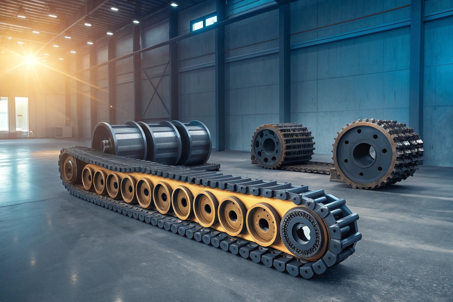 Heavy duty industrial excavator track assembly in a modern warehouse facility.