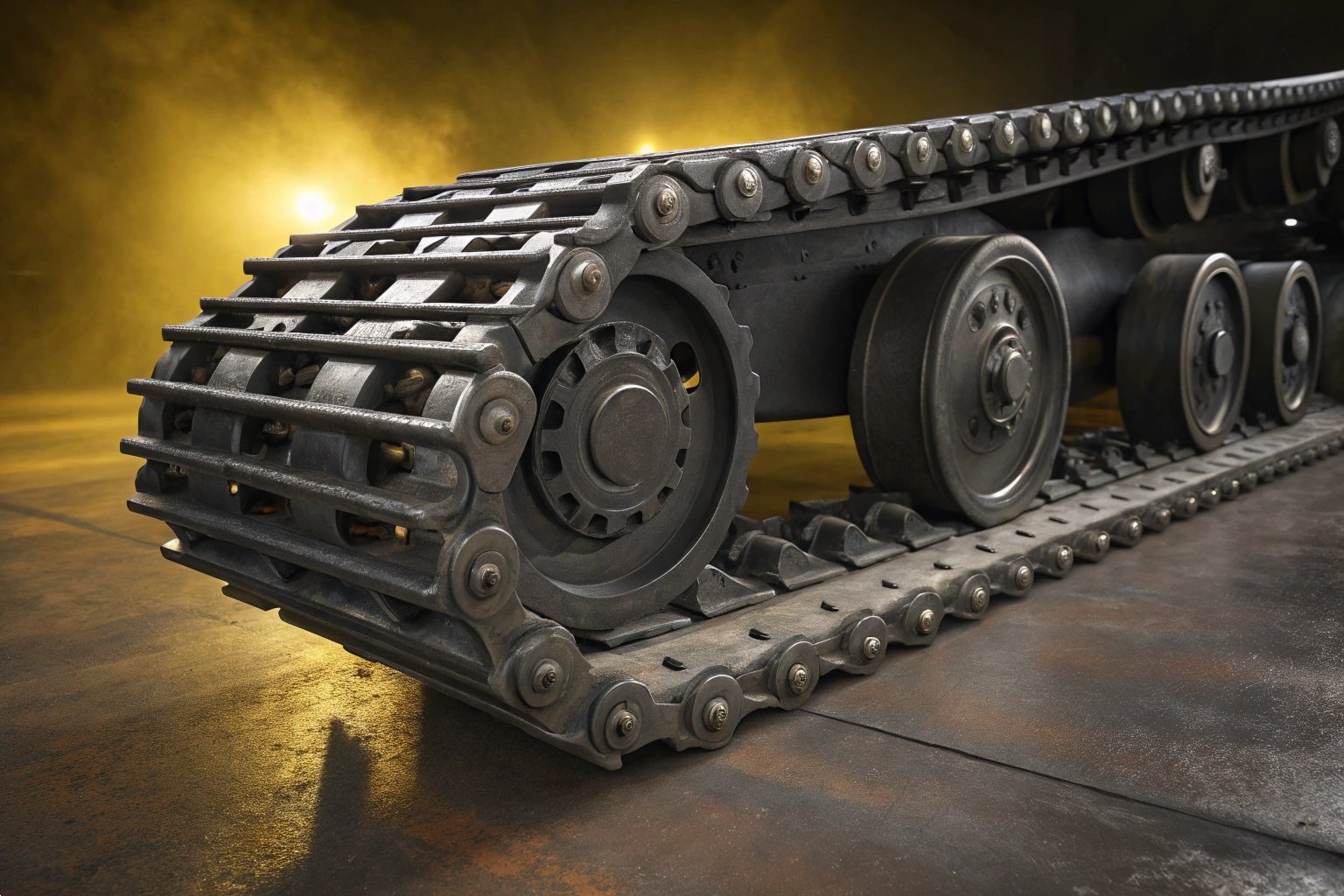 Close-up of heavy-duty excavator steel track chain links in a workshop.