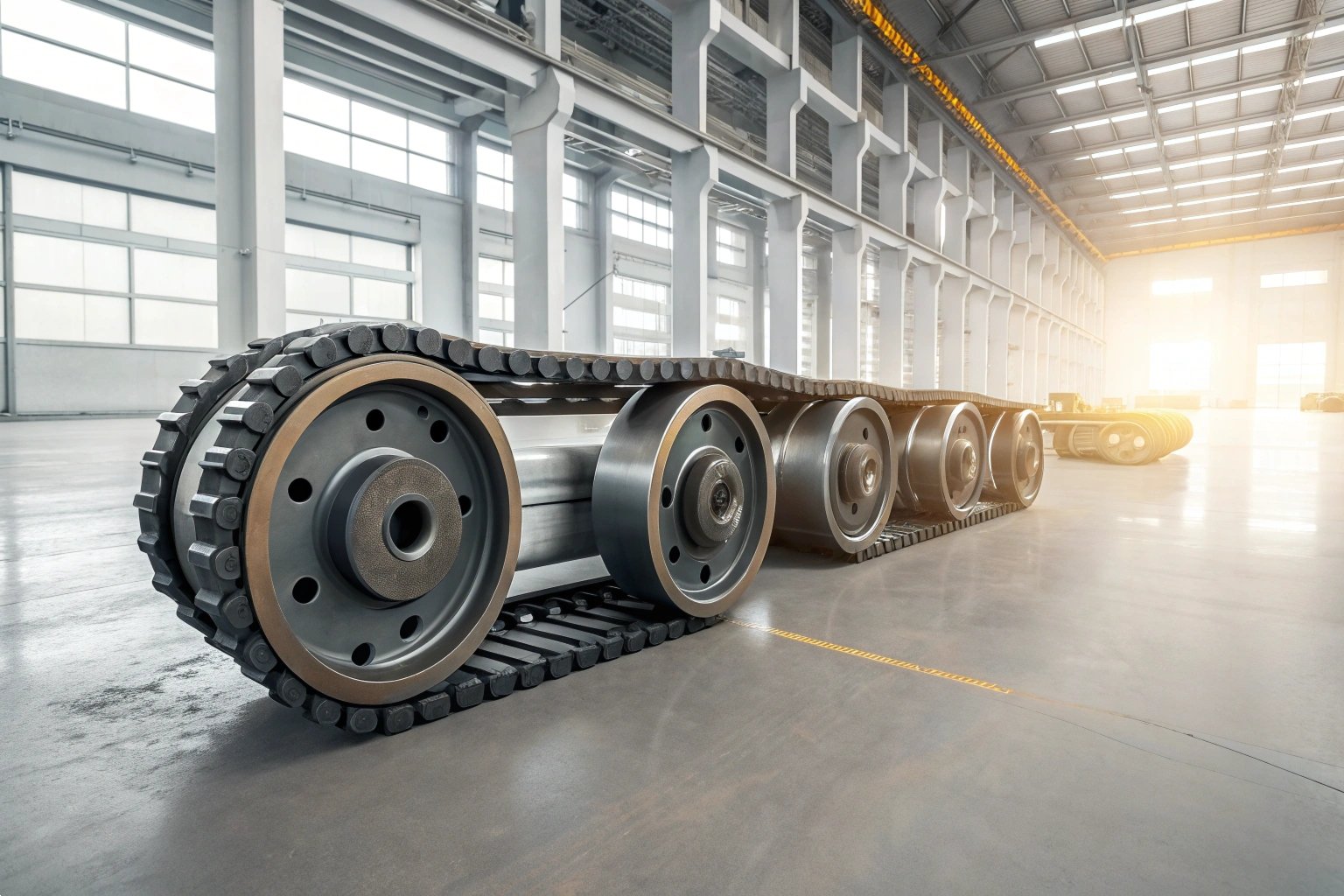 Heavy duty industrial excavator track assembly with rollers in a large factory.