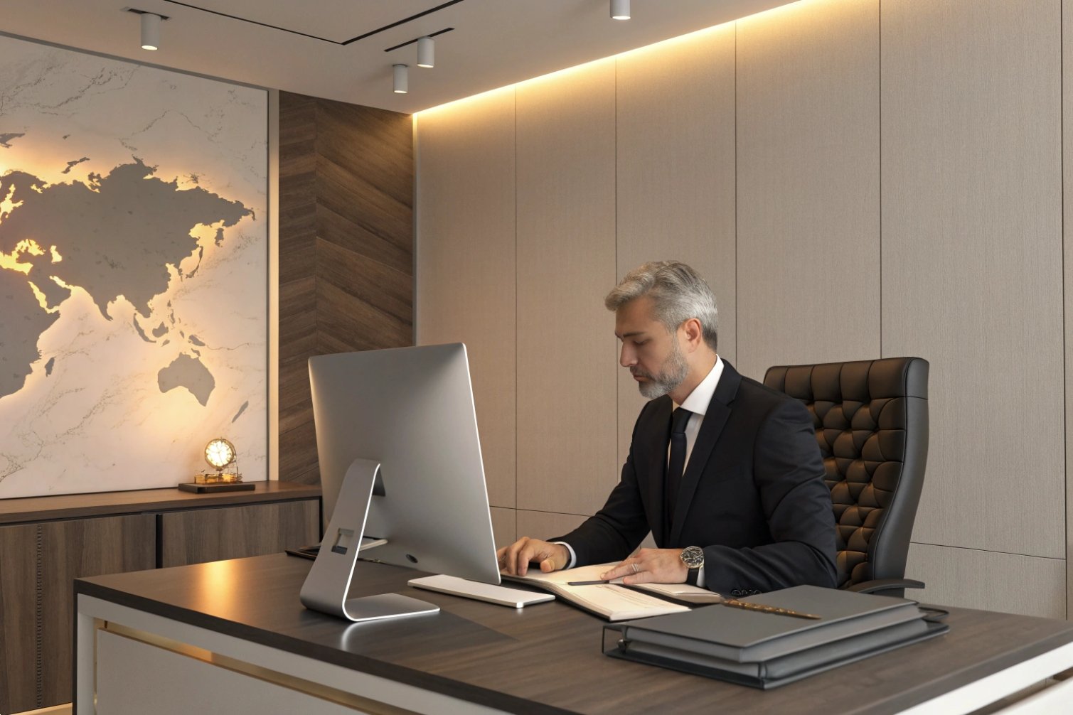 Professional working in modern office, illustrating focus and productivity.