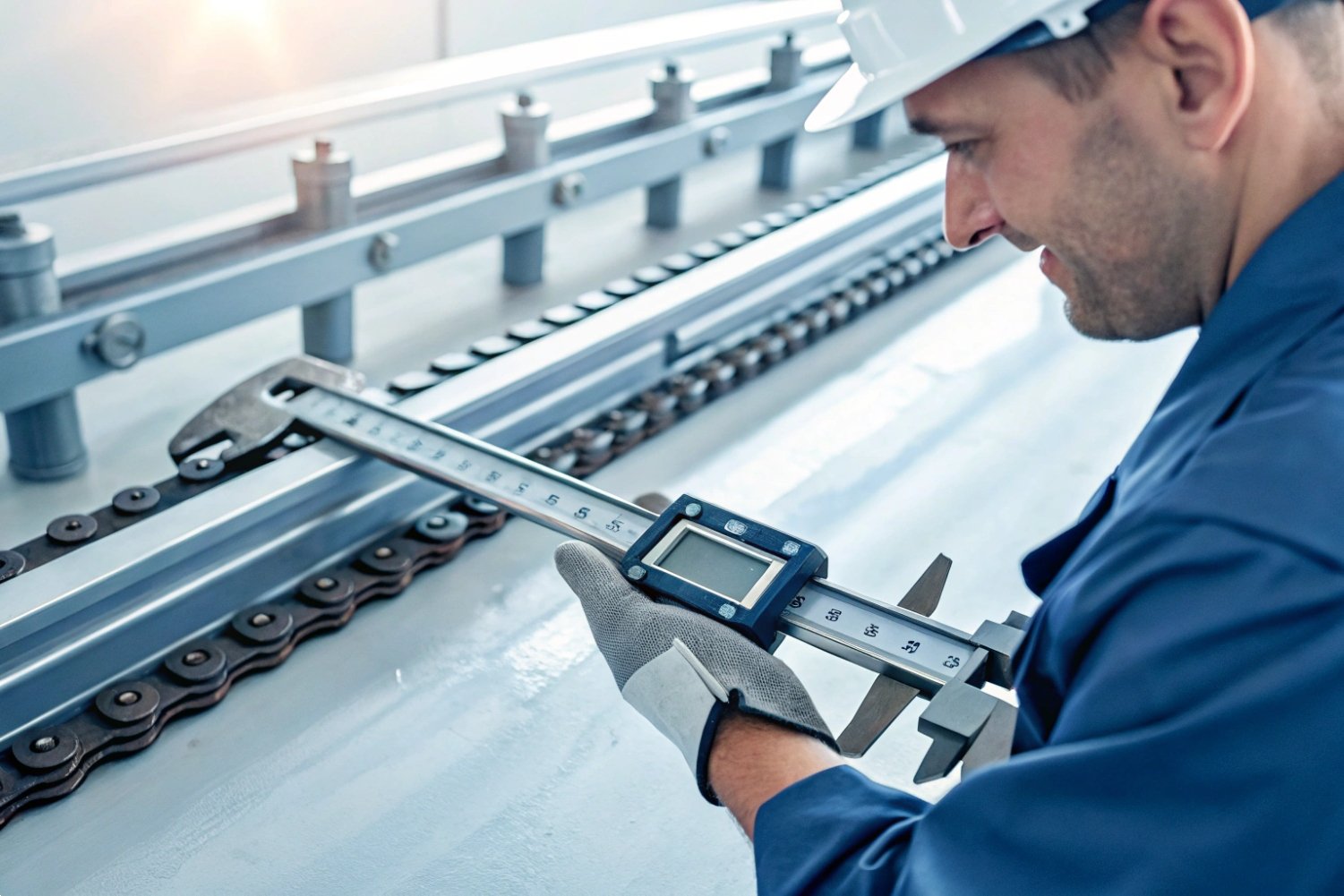 A technician uses digital calipers to measure an industrial conveyor chain in a factory.