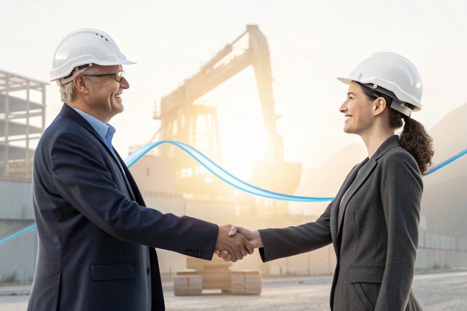 Business professionals in hard hats shaking hands outside industrial facility, partnership agreement