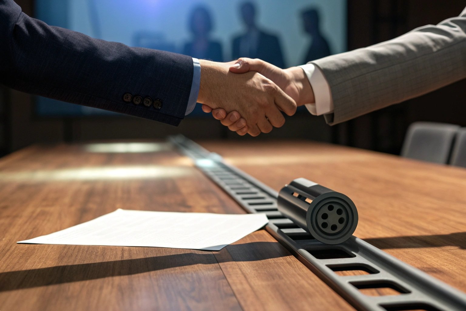 Agreement Made Two professionals shaking hands across a conference table, with contract documents visible.