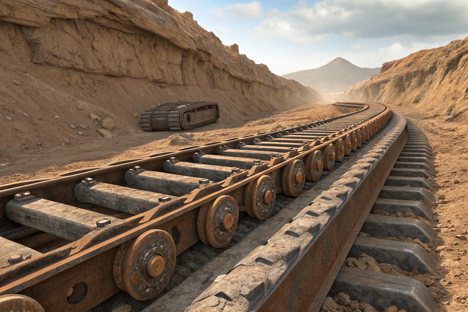 Rusty railway track construction in a sandy, mountainous landscape.