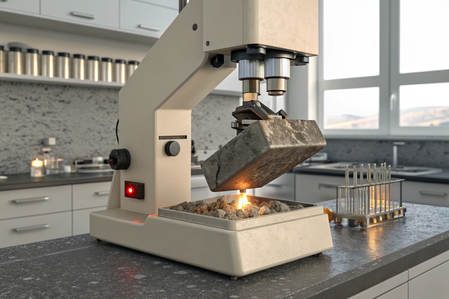 Laboratory equipment analyzing rock samples for geological studies.