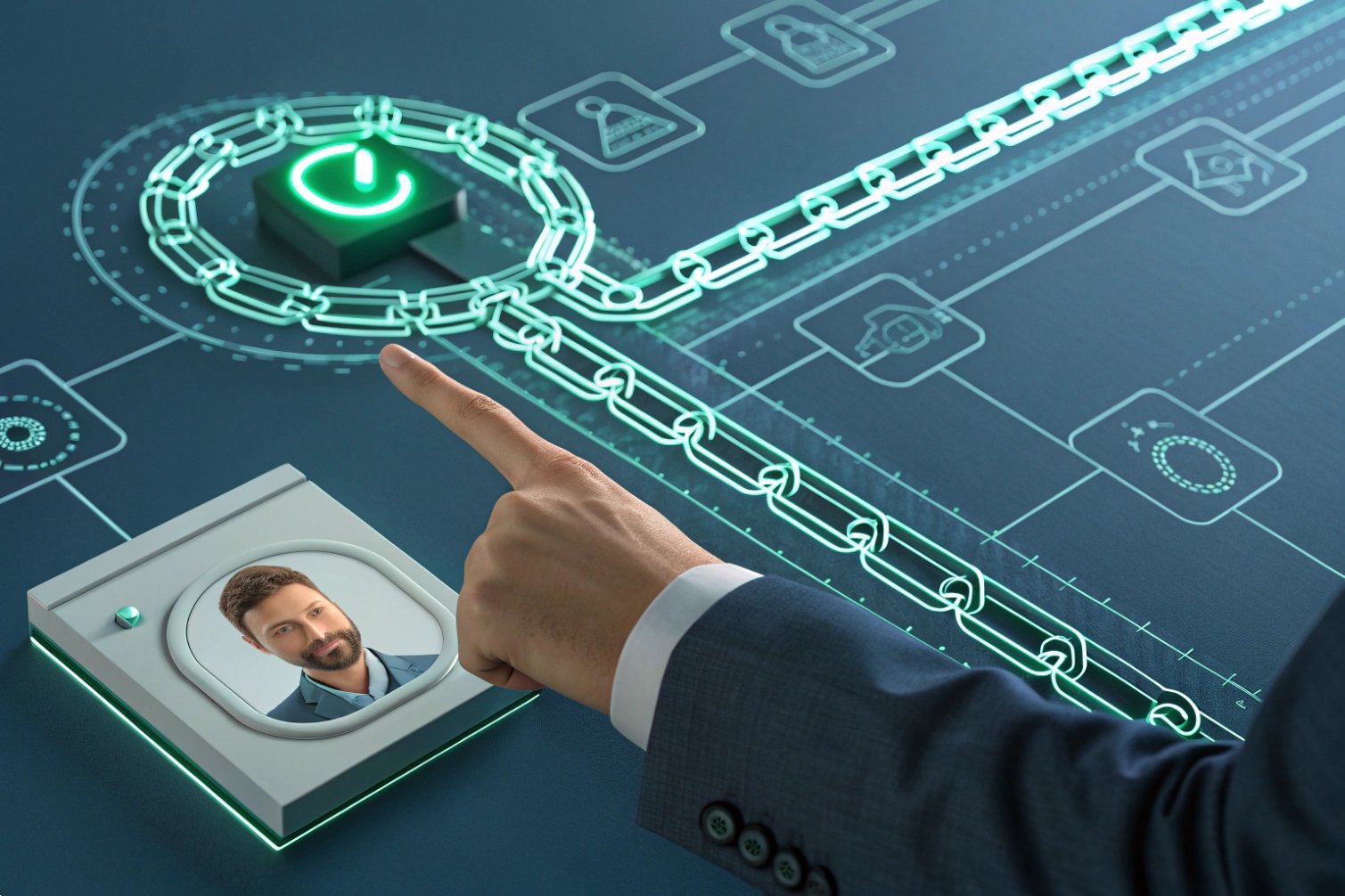 Finger pointing at digital network with blockchain components.