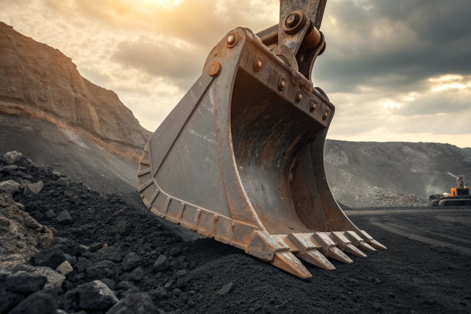 Excavator bucket scooping soil on an industrial construction site.