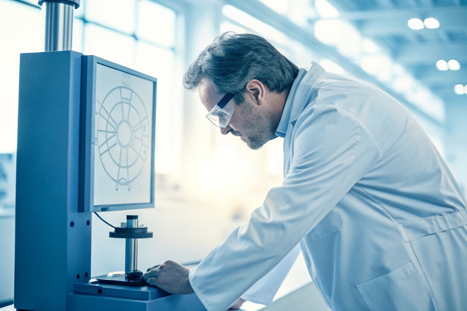 Scientist analyzing results on digital machine, illustrating precise manufacturing analysis.