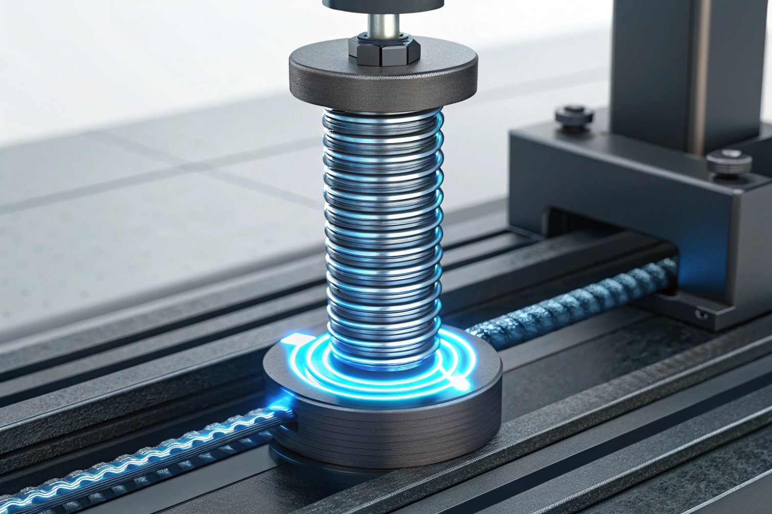 Close-up of mechanical spring under testing in laboratory setting.