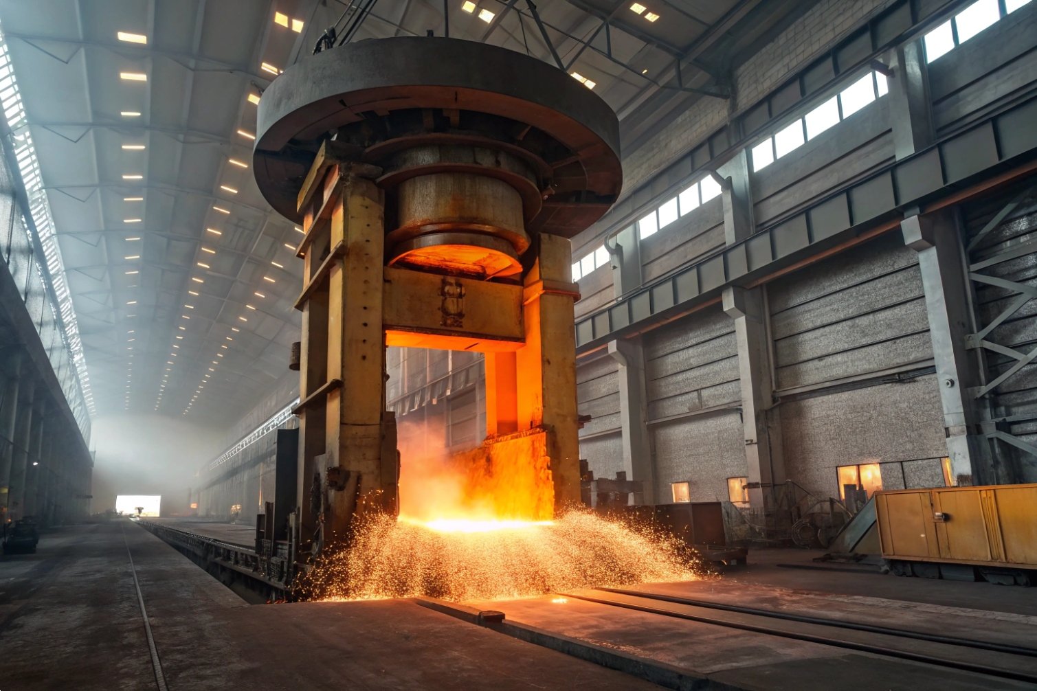 Heavy-duty forging press in metalworking factory.