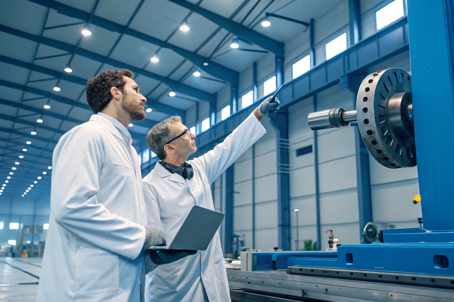 Technicians analyzing industrial machinery setup in factory setting.