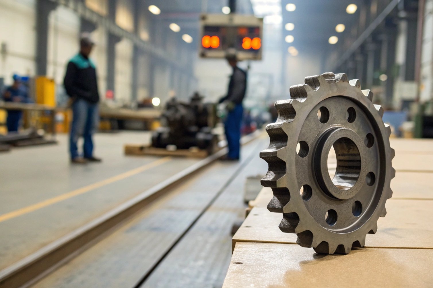 Industrial sprocket displayed in manufacturing facility.