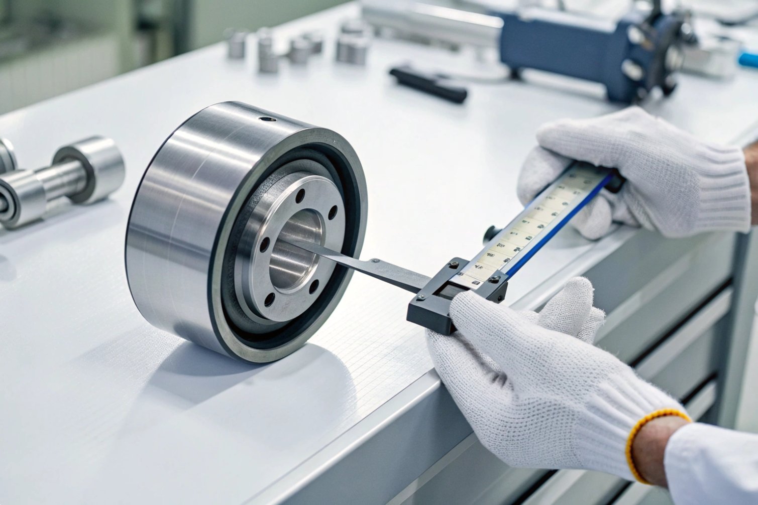 Engineer measuring metal component with precision tool.