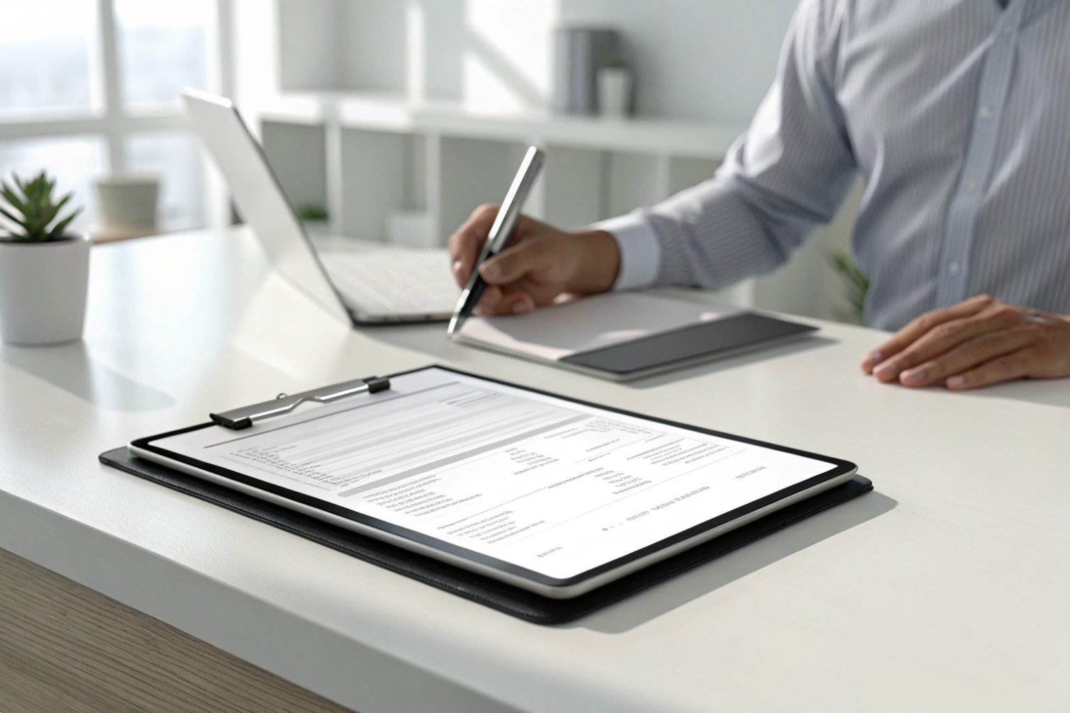Business Signing Man signing documents on desk with clipboard and laptop