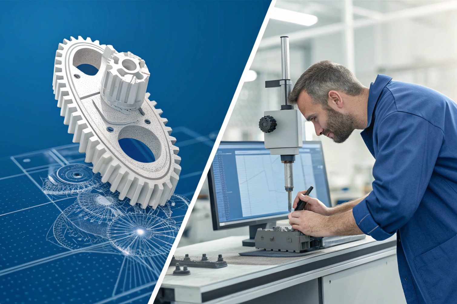 Gear design blueprint split with precision measurement. Technician using equipment beside blurred face.