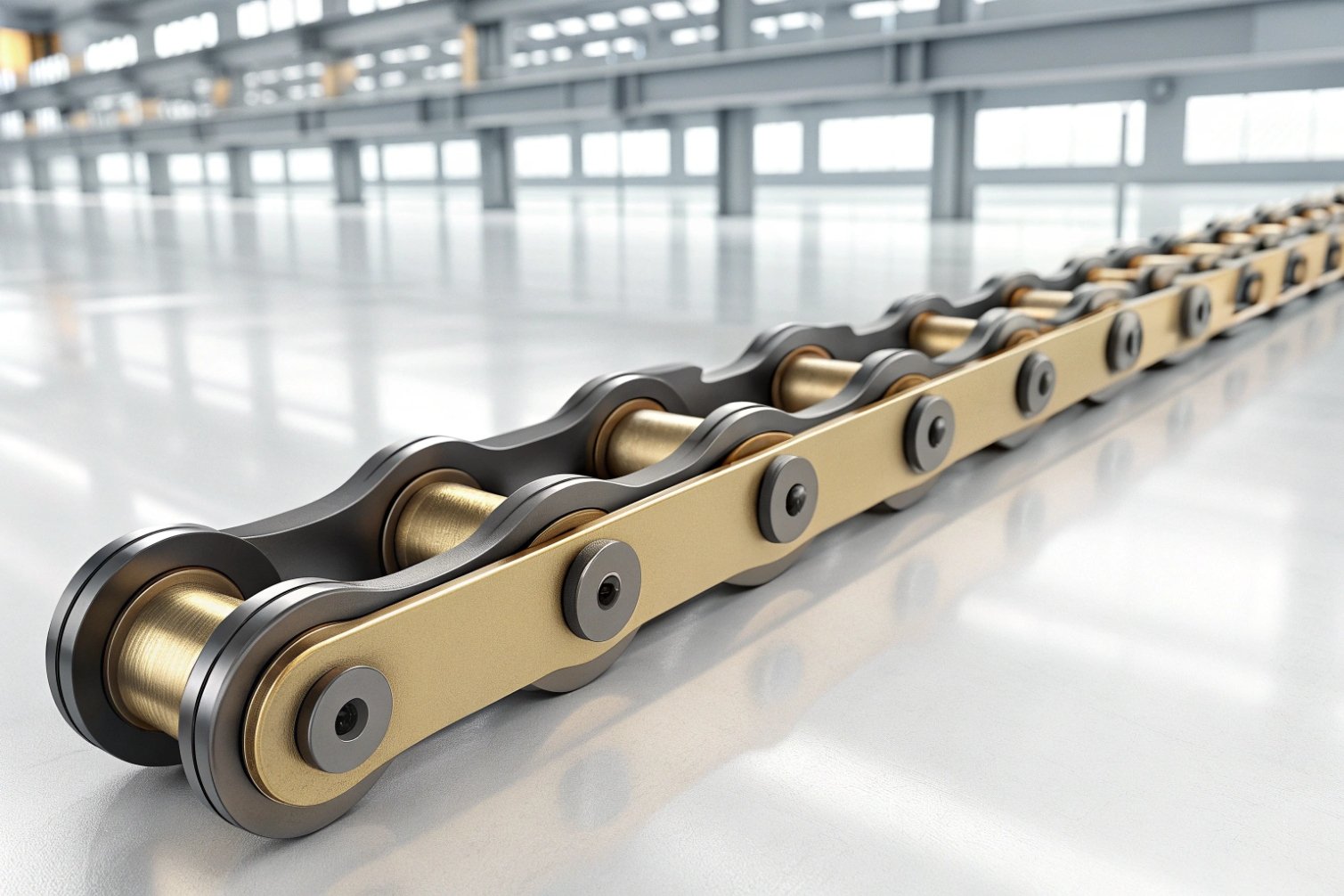 Gold and silver chain on a polished floor in an industrial setting.