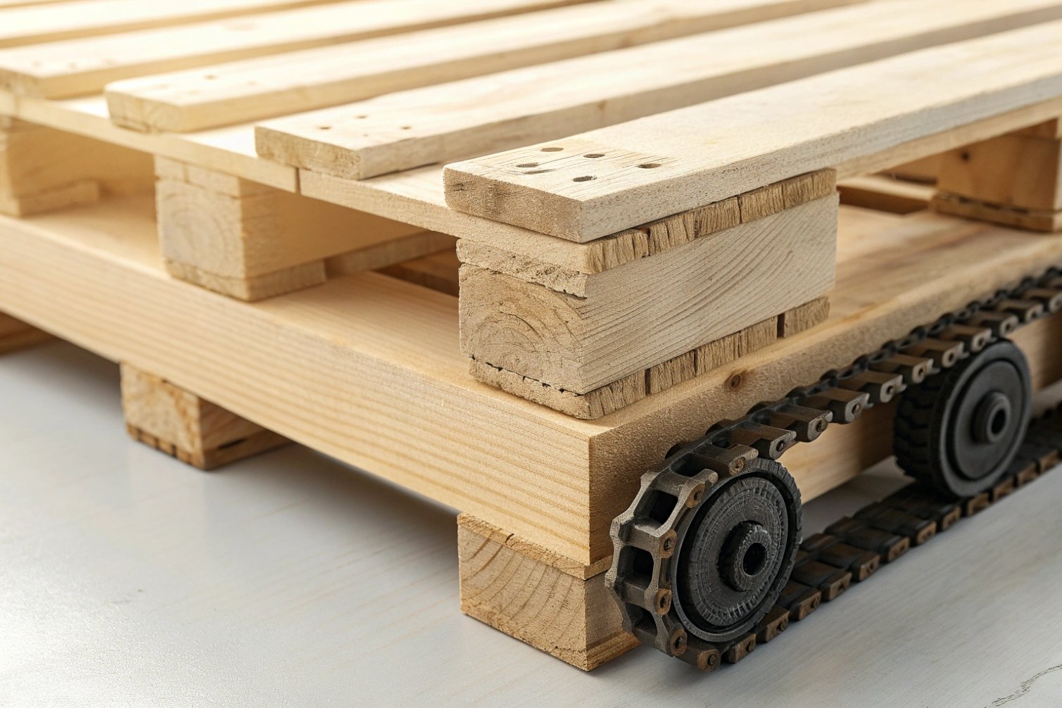 Wood pallet on chain track, close-up of detailed mechanism.