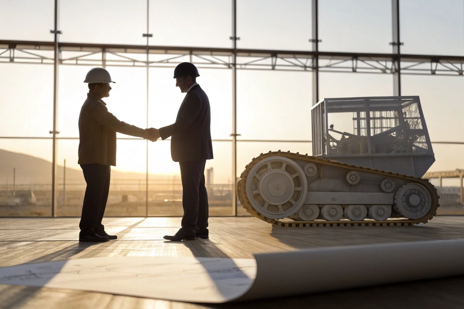 Two people shaking hands with equipment model in background.
