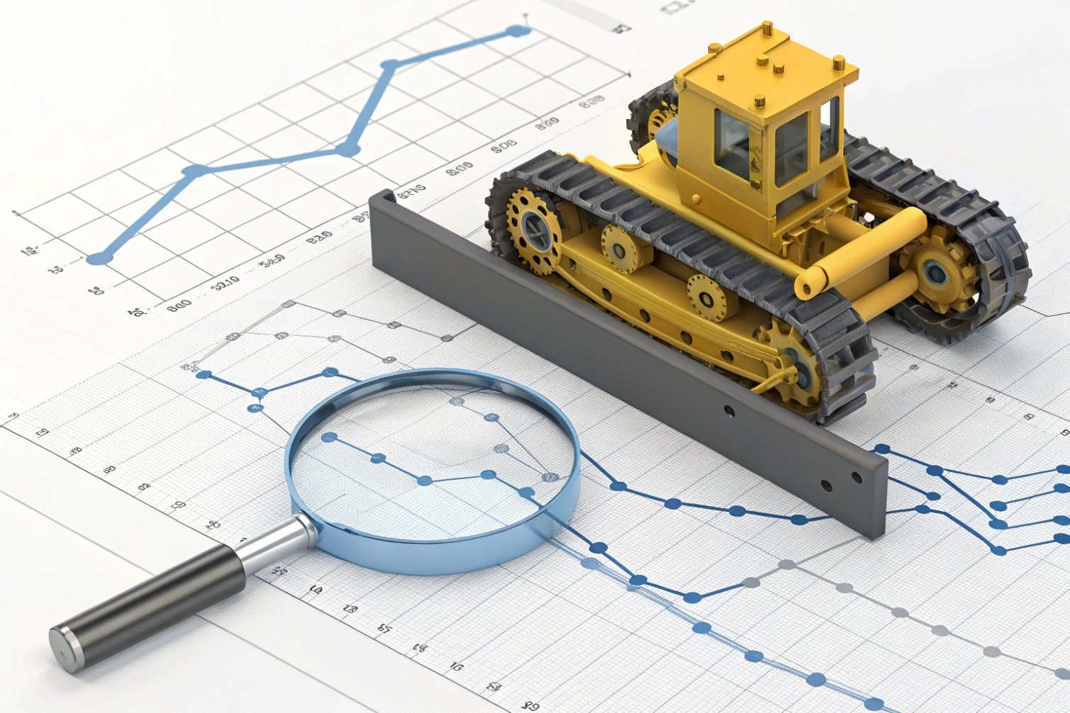 Yellow bulldozer and graphs; magnifying glass close-up.