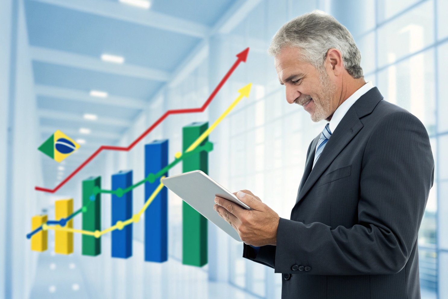 Market trends Man reviewing economic growth charts.