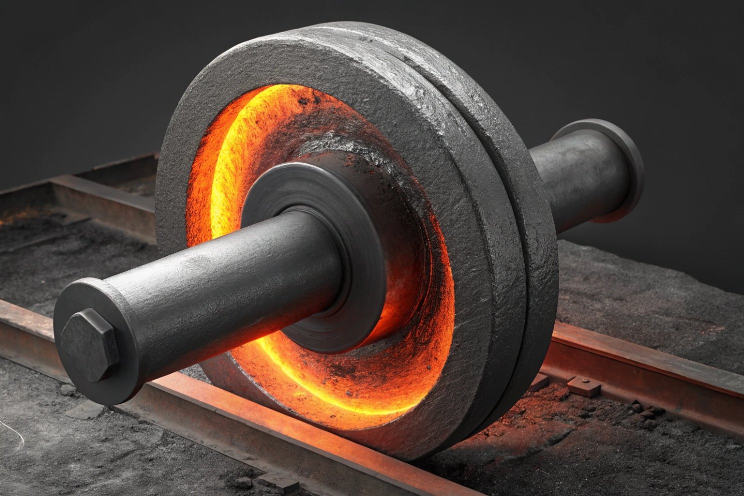 Hot steel railroad wheel or roller glowing orange in a dark industrial environment