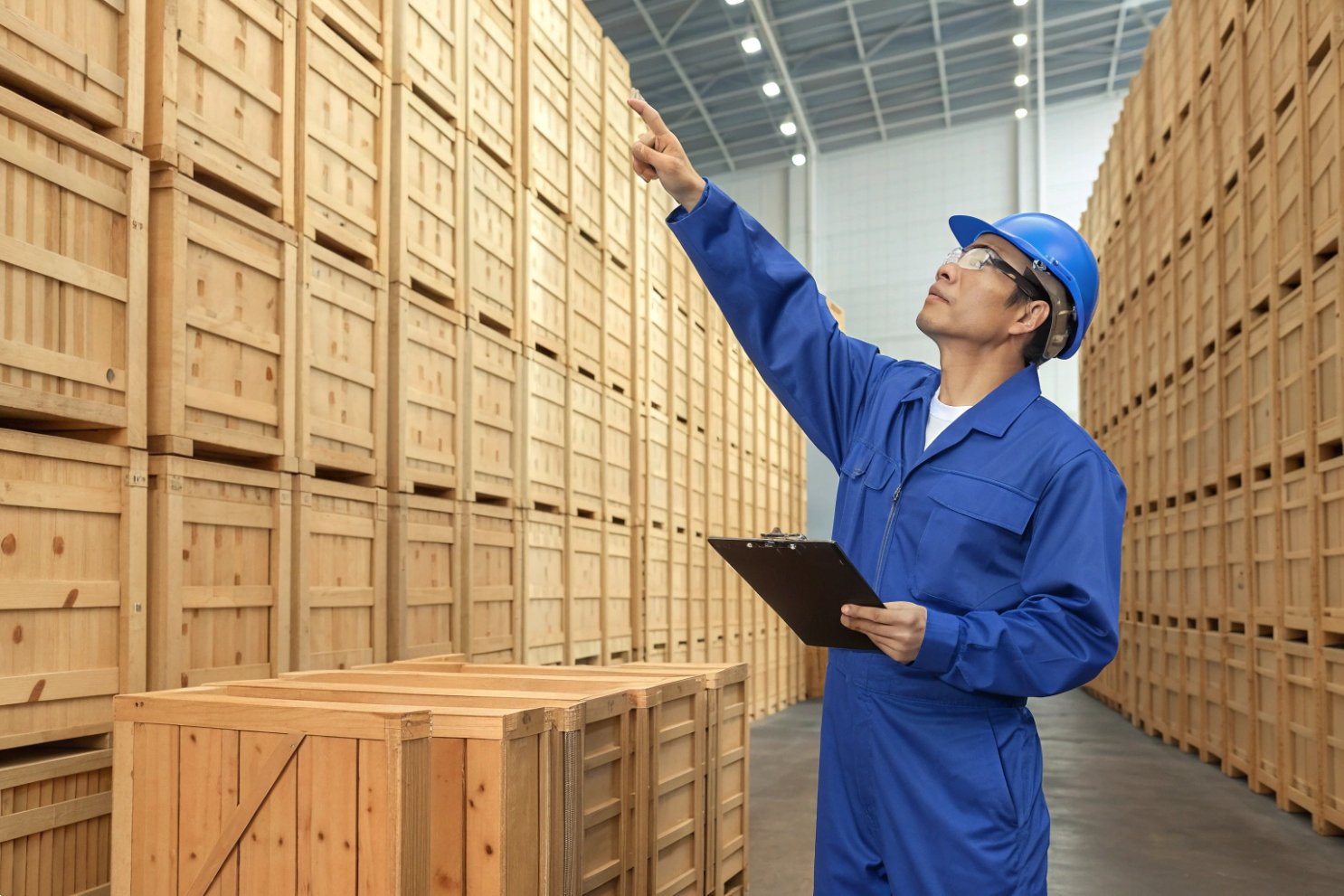 Warehouse worker in blue uniform checking inventory of tall stacks of wooden crates
