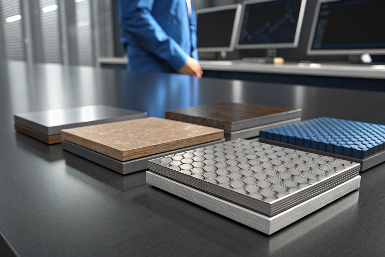 Material samples like metal, wood, and textured pads on a table for selection