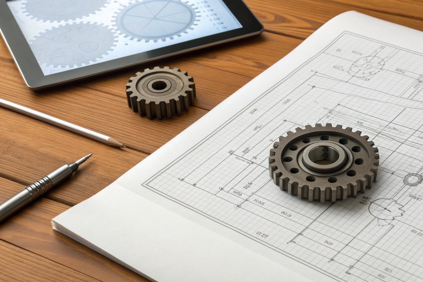 Mechanical gears placed on engineering blueprints next to a digital tablet and pencils.