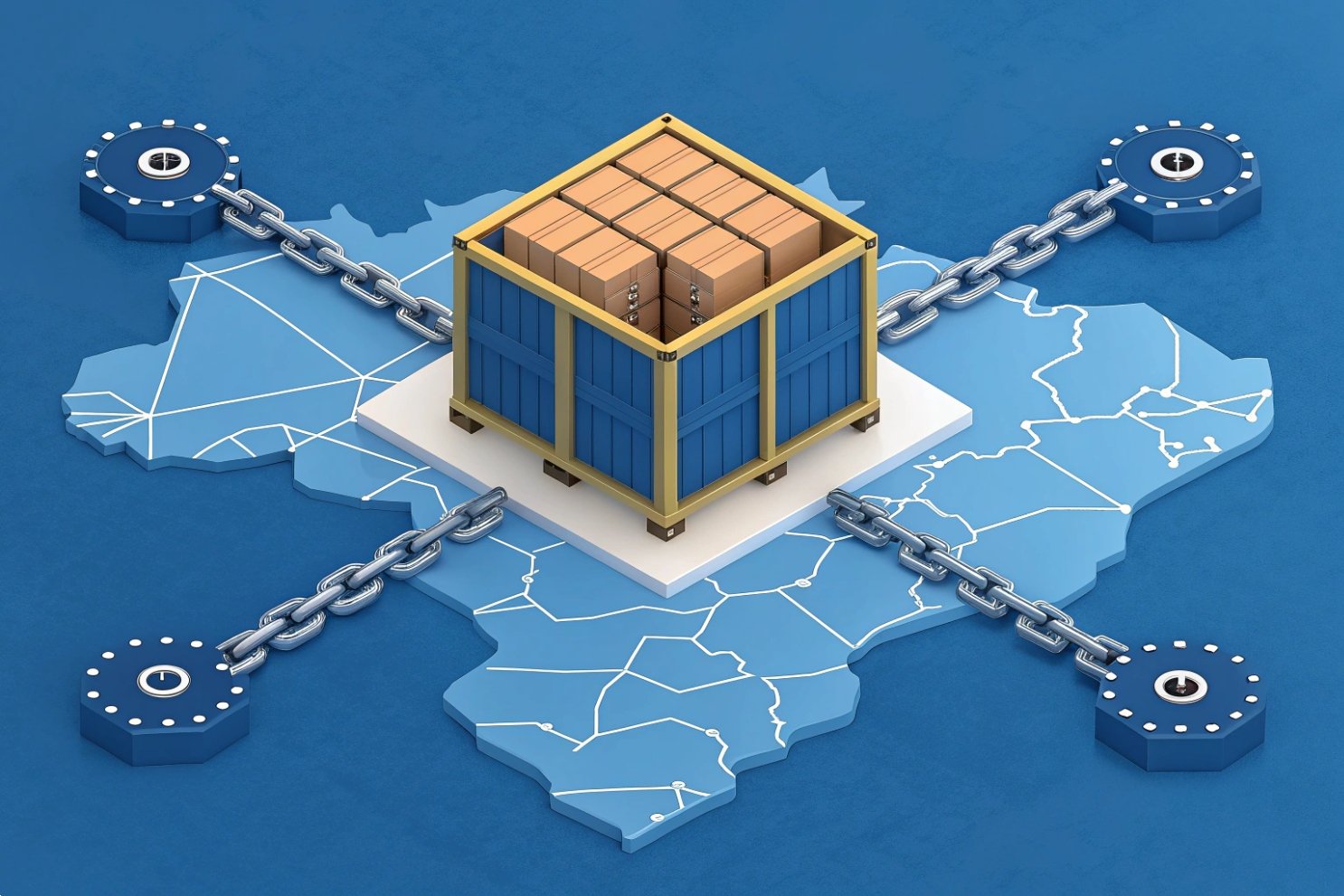 Isometric 3D map showing a supply chain network connected by industrial chains.
