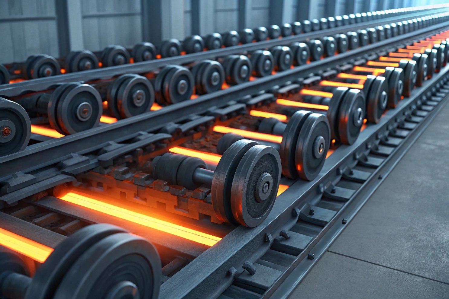 High-temperature steel rolling conveyor system with glowing red heated metal rollers.