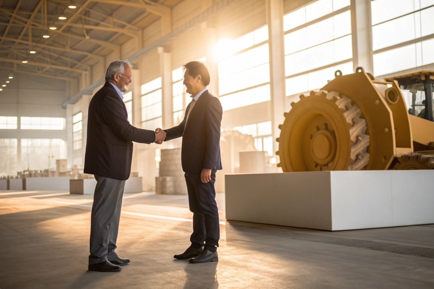 Businessmen shaking hands in a large manufacturing warehouse with heavy machinery components in background.