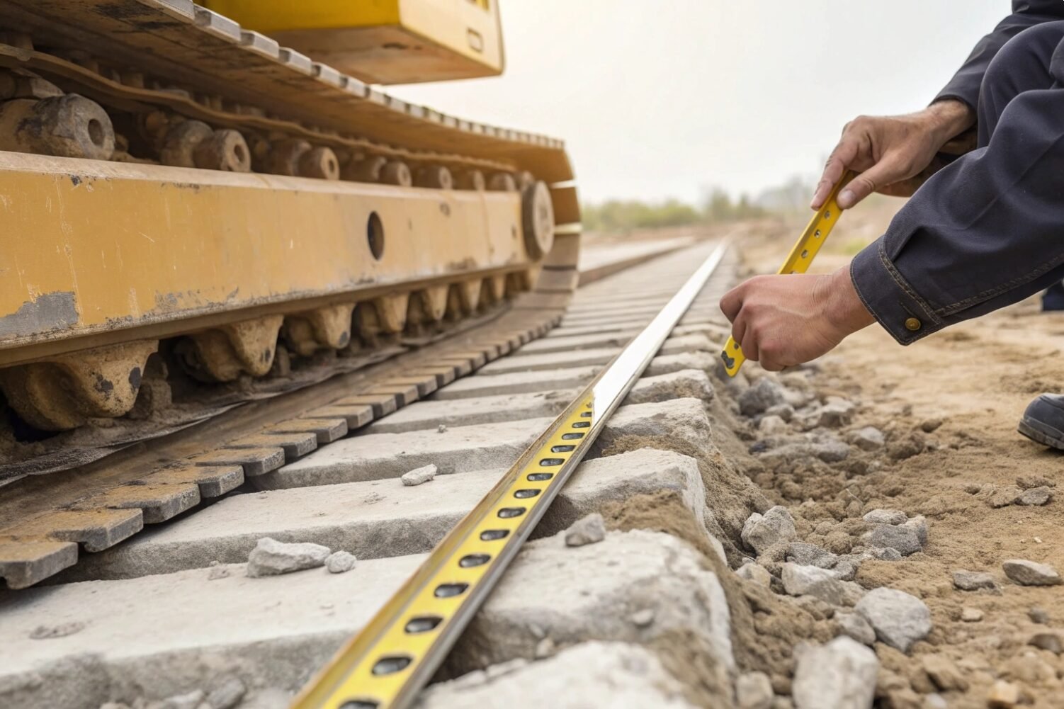 Construction worker measuring railway alignment next to a heavy crawler machine